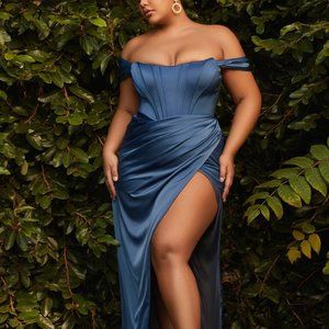 SOFT NAVY PROM PARTY EVENING SATIN CORSET OFF THE SHOULDER LEG SLIT GOWN DRESS